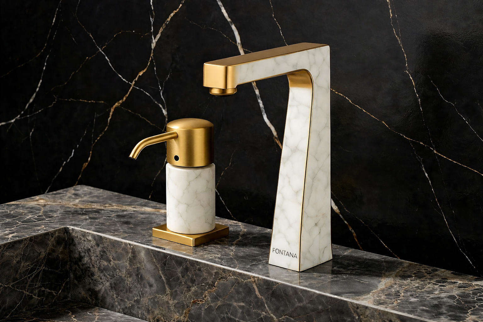 Aurelia arc marble tip faucet with manual soap dispenser styling